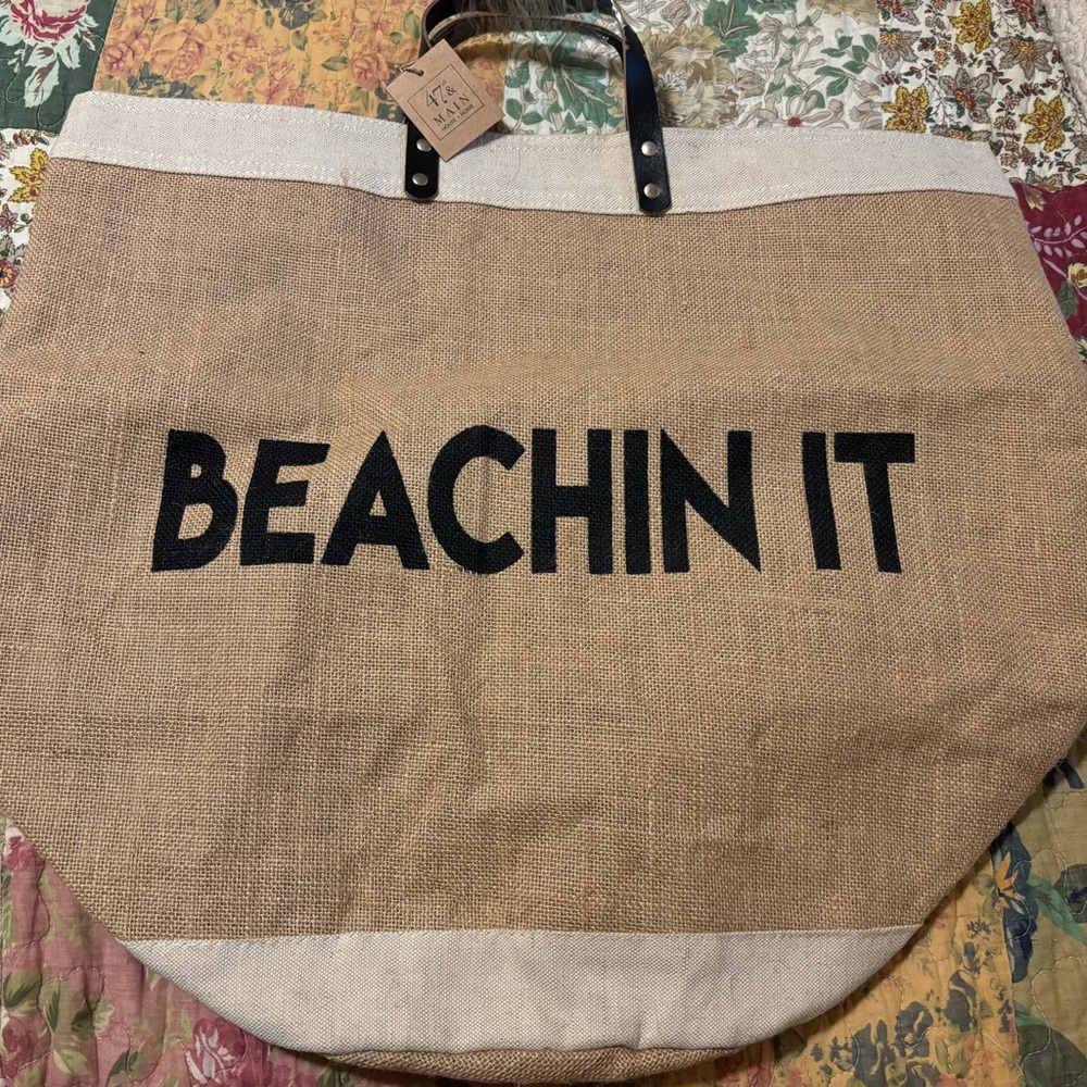 NWT 47&Main Beachin It lined Burlap beach bag   Extra Large! - Picture 2 of 5